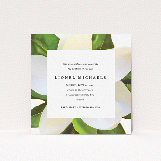 A christening invite template titled "Summer Border". It is a square (148mm x 148mm) invite in a square orientation. "Summer Border" is available as a flat invite, with tones of green and white.