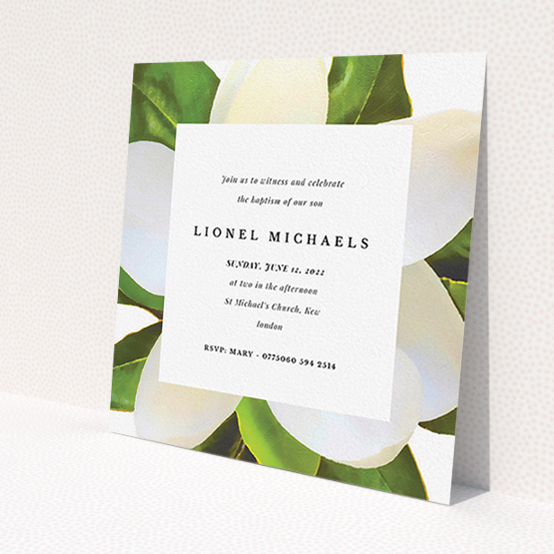 A christening invite template titled 'Summer Border'. It is a square (148mm x 148mm) invite in a square orientation. 'Summer Border' is available as a flat invite, with tones of green and white.