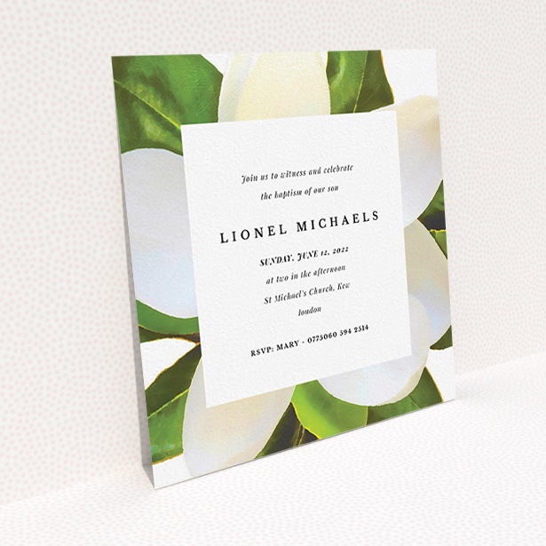 A christening invite template titled "Summer Border". It is a square (148mm x 148mm) invite in a square orientation. "Summer Border" is available as a flat invite, with tones of green and white.