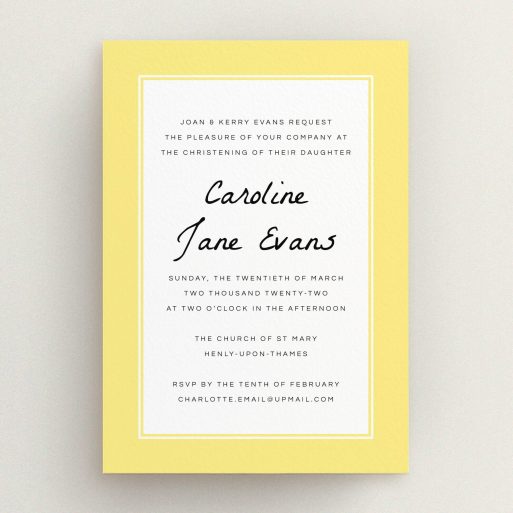 Christening Invite Design - "Sunny Tradition" A christening invite design named "Sunny Tradition". It is an A5 invite in a portrait orientation. "Sunny Tradition" is available as a flat invite, with tones of yellow and white.