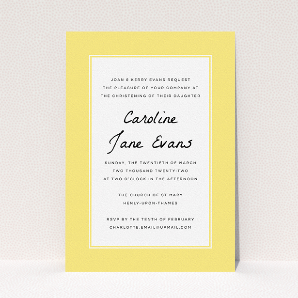 A christening invite design named "Sunny Tradition". It is an A5 invite in a portrait orientation. "Sunny Tradition" is available as a flat invite, with tones of yellow and white.