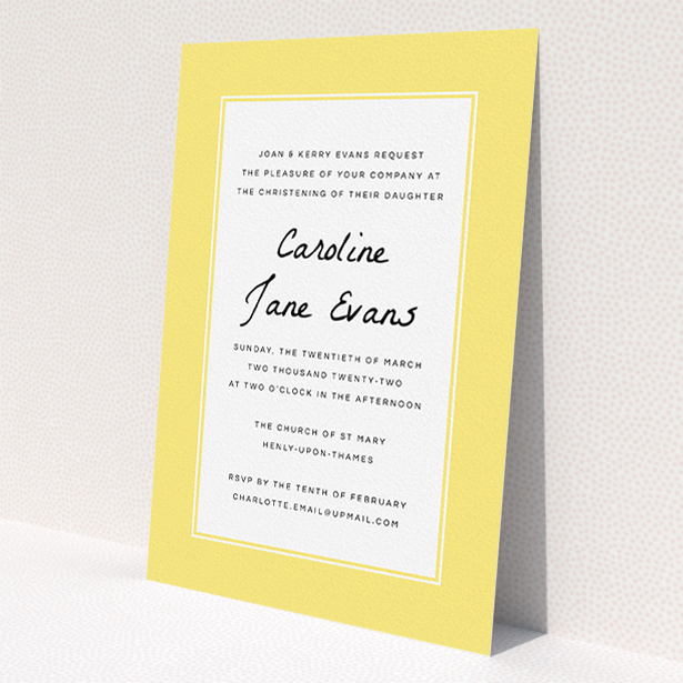 A christening invite design named 'Sunny Tradition'. It is an A5 invite in a portrait orientation. 'Sunny Tradition' is available as a flat invite, with tones of yellow and white.