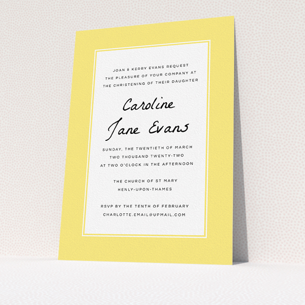 A christening invite design named "Sunny Tradition". It is an A5 invite in a portrait orientation. "Sunny Tradition" is available as a flat invite, with tones of yellow and white.