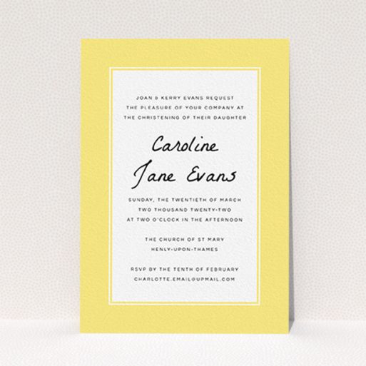A christening invite design titled "Sunny Tradition". It is an A6 invite in a portrait orientation. "Sunny Tradition" is available as a flat invite, with tones of yellow and white.