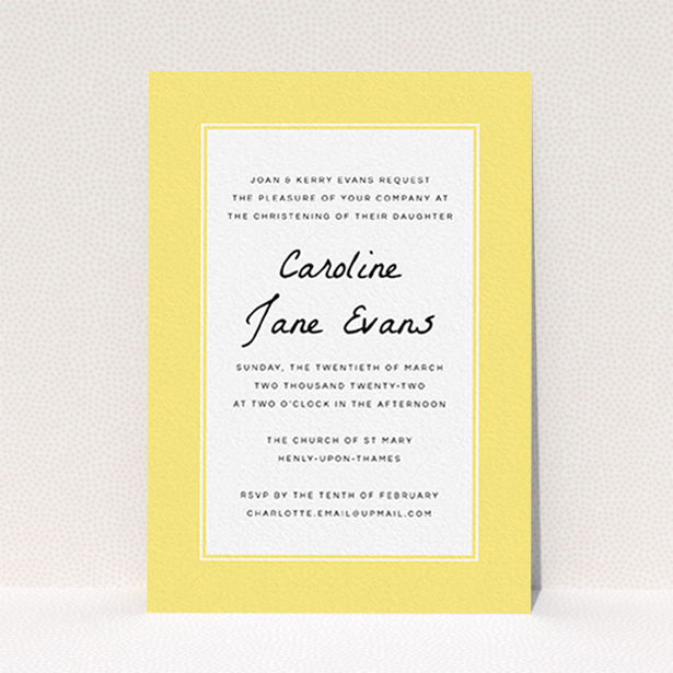 A christening invite design titled "Sunny Tradition". It is an A6 invite in a portrait orientation. "Sunny Tradition" is available as a flat invite, with tones of yellow and white.
