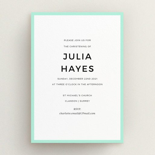 Christening Invite Design - "Thick Mint" A christening invite template titled "Thick Mint". It is an A5 invite in a portrait orientation. "Thick Mint" is available as a flat invite, with tones of green and white.