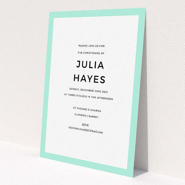 A christening invite template titled 'Thick Mint'. It is an A5 invite in a portrait orientation. 'Thick Mint' is available as a flat invite, with tones of green and white.