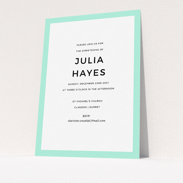 A christening invite template titled "Thick Mint". It is an A5 invite in a portrait orientation. "Thick Mint" is available as a flat invite, with tones of green and white.