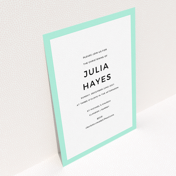 A christening invite template titled "Thick Mint". It is an A5 invite in a portrait orientation. "Thick Mint" is available as a flat invite, with tones of green and white.