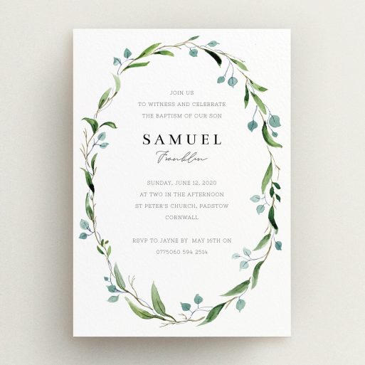Christening Invite Design - "Thin Wreath" A christening invite named "Thin Wreath". It is an A5 invite in a portrait orientation. "Thin Wreath" is available as a flat invite, with tones of blue and green.