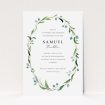 A christening invite named "Thin Wreath". It is an A5 invite in a portrait orientation. "Thin Wreath" is available as a flat invite, with tones of blue and green.