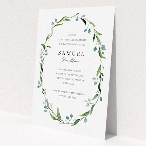 A christening invite named 'Thin Wreath'. It is an A5 invite in a portrait orientation. 'Thin Wreath' is available as a flat invite, with tones of blue and green.