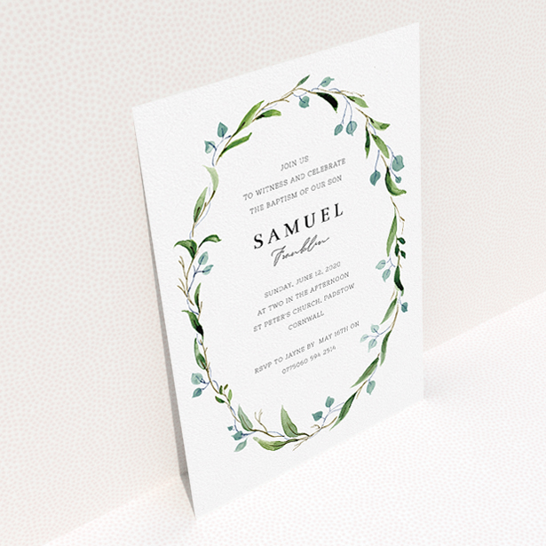 A christening invite named "Thin Wreath". It is an A5 invite in a portrait orientation. "Thin Wreath" is available as a flat invite, with tones of blue and green.