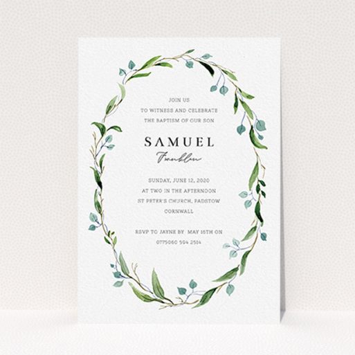 A christening invite template titled "Thin Wreath". It is an A6 invite in a portrait orientation. "Thin Wreath" is available as a flat invite, with tones of blue and green.