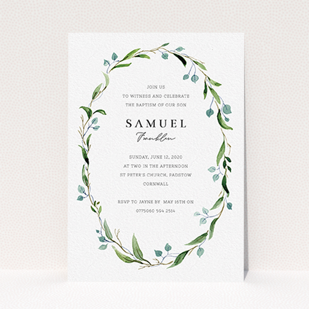 A christening invite template titled "Thin Wreath". It is an A6 invite in a portrait orientation. "Thin Wreath" is available as a flat invite, with tones of blue and green.