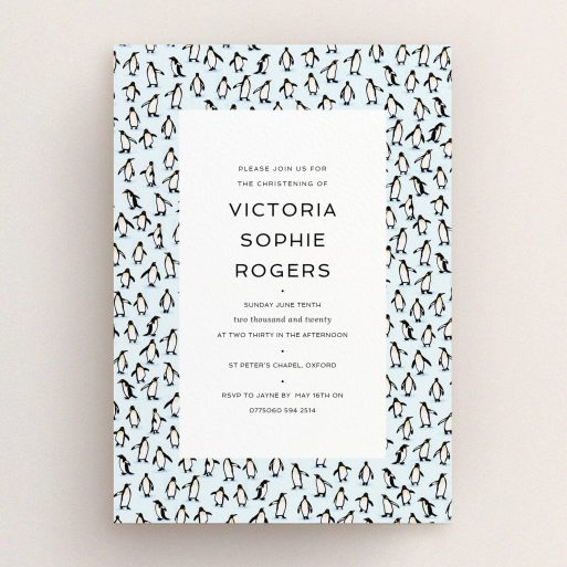 Christening Invite Design - "Tiny, Tiny Penguins" A christening invite design titled "Tiny, Tiny Penguins". It is an A5 invite in a portrait orientation. "Tiny, Tiny Penguins" is available as a flat invite, with tones of blue and black.