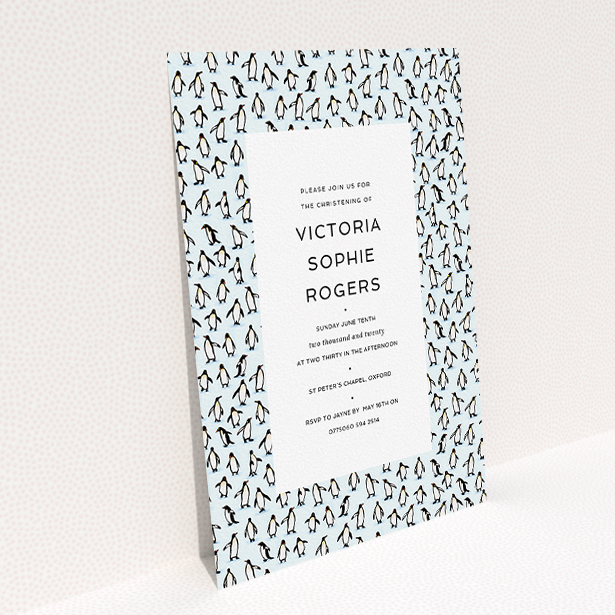 A christening invite design titled "Tiny, Tiny Penguins". It is an A5 invite in a portrait orientation. "Tiny, Tiny Penguins" is available as a flat invite, with tones of blue and black.