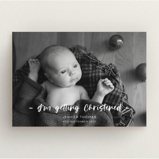 Christening Invite Design - "To the Point" A christening invite template titled "To the Point". It is an A5 invite in a landscape orientation. It is a photographic christening invite with room for 1 photo. "To the Point" is available as a flat invite, with mainly white colouring.