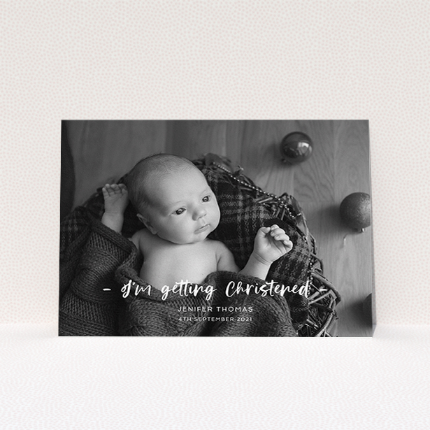 A christening invite template titled "To the Point". It is an A5 invite in a landscape orientation. It is a photographic christening invite with room for 1 photo. "To the Point" is available as a flat invite, with mainly white colouring.