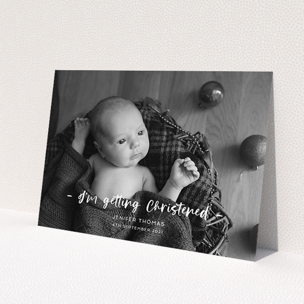 A christening invite template titled "To the Point". It is an A5 invite in a landscape orientation. It is a photographic christening invite with room for 1 photo. "To the Point" is available as a flat invite, with mainly white colouring.