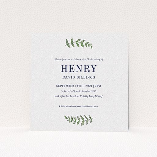 A christening invite named "Top and Bottom". It is a square (148mm x 148mm) invite in a square orientation. "Top and Bottom" is available as a flat invite, with tones of white and green.