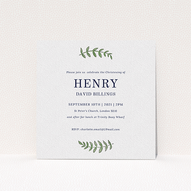 A christening invite named "Top and Bottom". It is a square (148mm x 148mm) invite in a square orientation. "Top and Bottom" is available as a flat invite, with tones of white and green.