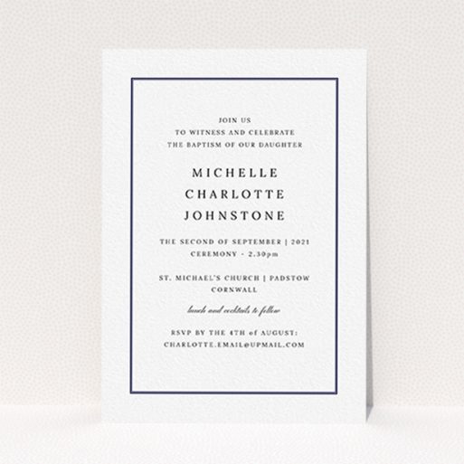 A christening invite template titled "Tradition". It is an A6 invite in a portrait orientation. "Tradition" is available as a flat invite, with tones of white and blue.