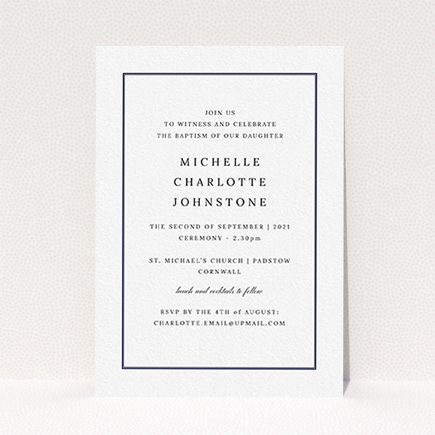A christening invite template titled "Tradition". It is an A6 invite in a portrait orientation. "Tradition" is available as a flat invite, with tones of white and blue.