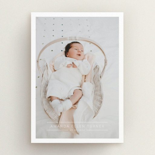 Christening Invite Design - "Tramlines" A christening invite design titled "Tramlines". It is an A5 invite in a portrait orientation. It is a photographic christening invite with room for 1 photo. "Tramlines" is available as a flat invite, with mainly white colouring.
