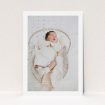 A christening invite design titled "Tramlines". It is an A5 invite in a portrait orientation. It is a photographic christening invite with room for 1 photo. "Tramlines" is available as a flat invite, with mainly white colouring.