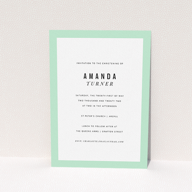 A christening invite design titled "Tramlines". It is an A5 invite in a portrait orientation. It is a photographic christening invite with room for 1 photo. "Tramlines" is available as a flat invite, with mainly white colouring.