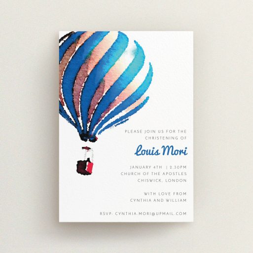 Christening Invite Design - "Up-and-away blue" A christening invite named "Up-and-away blue". It is an A6 invite in a portrait orientation. "Up-and-away blue" is available as a flat invite, with tones of blue and white.