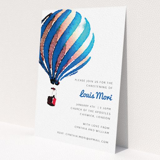 A christening invite named 'Up-and-away blue'. It is an A6 invite in a portrait orientation. 'Up-and-away blue' is available as a flat invite, with tones of blue and white.
