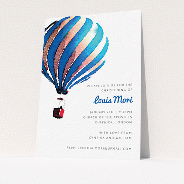 A christening invite named "Up-and-away blue". It is an A6 invite in a portrait orientation. "Up-and-away blue" is available as a flat invite, with tones of blue and white.