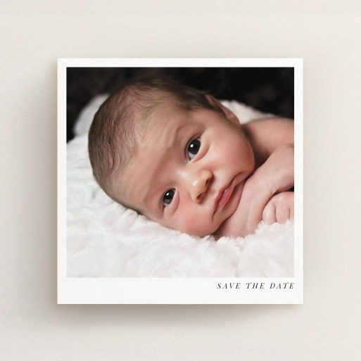 Christening Invite Design - "Welcome" A christening invite design titled "Welcome". It is a square (148mm x 148mm) invite in a square orientation. It is a photographic christening invite with room for 1 photo. "Welcome" is available as a flat invite, with mainly white colouring.
