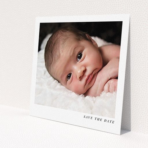 A christening invite design titled 'Welcome'. It is a square (148mm x 148mm) invite in a square orientation. It is a photographic christening invite with room for 1 photo. 'Welcome' is available as a flat invite, with mainly white colouring.