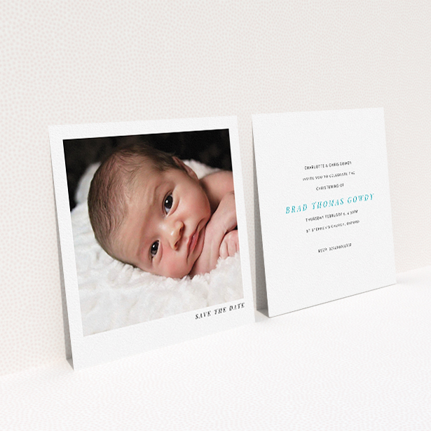 A christening invite design titled "Welcome". It is a square (148mm x 148mm) invite in a square orientation. It is a photographic christening invite with room for 1 photo. "Welcome" is available as a flat invite, with mainly white colouring.