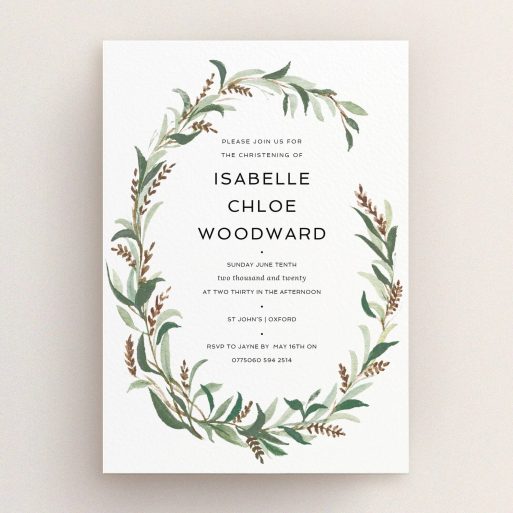 Christening Invite Design - "Winter Floral" A christening invite design called "Winter Floral". It is an A5 invite in a portrait orientation. "Winter Floral" is available as a flat invite, with tones of faded green, light brown and light green.