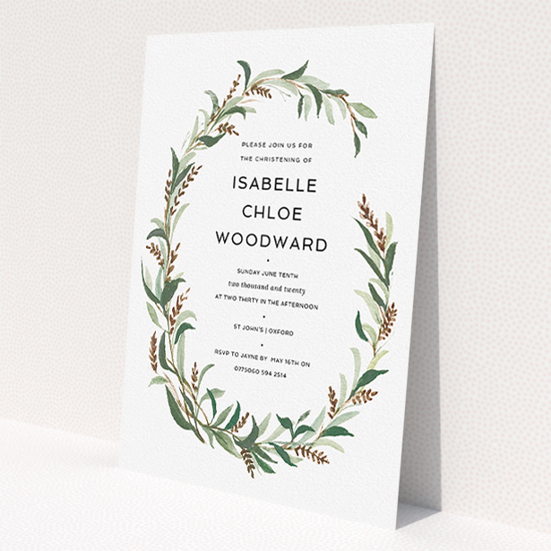 A christening invite design called 'Winter Floral'. It is an A5 invite in a portrait orientation. 'Winter Floral' is available as a flat invite, with tones of faded green, light brown and light green.