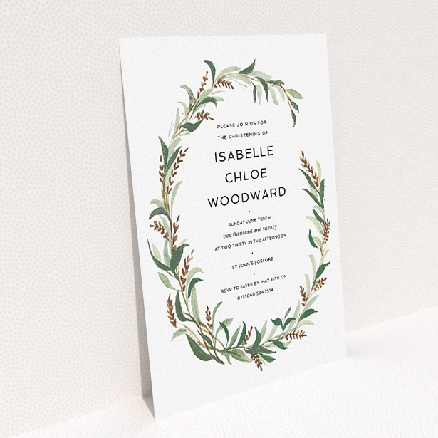 A christening invite design called "Winter Floral". It is an A5 invite in a portrait orientation. "Winter Floral" is available as a flat invite, with tones of faded green, light brown and light green.