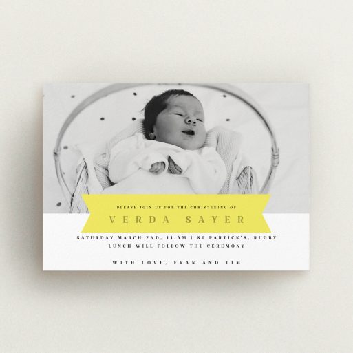 Christening Invite Design - "Yellow Banner" A christening invite design titled "Yellow Banner". It is an A6 invite in a landscape orientation. It is a photographic christening invite with room for 1 photo. "Yellow Banner" is available as a flat invite, with tones of yellow and white.