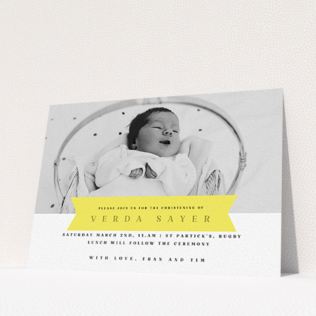 A christening invite design titled "Yellow Banner". It is an A6 invite in a landscape orientation. It is a photographic christening invite with room for 1 photo. "Yellow Banner" is available as a flat invite, with tones of yellow and white.