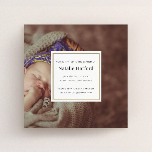 Christening Invite Design - "Your Central Message" A christening invite design called "Your Central Message". It is a square (148mm x 148mm) invite in a square orientation. It is a photographic christening invite with room for 1 photo. "Your Central Message" is available as a flat invite, with mainly gold colouring.