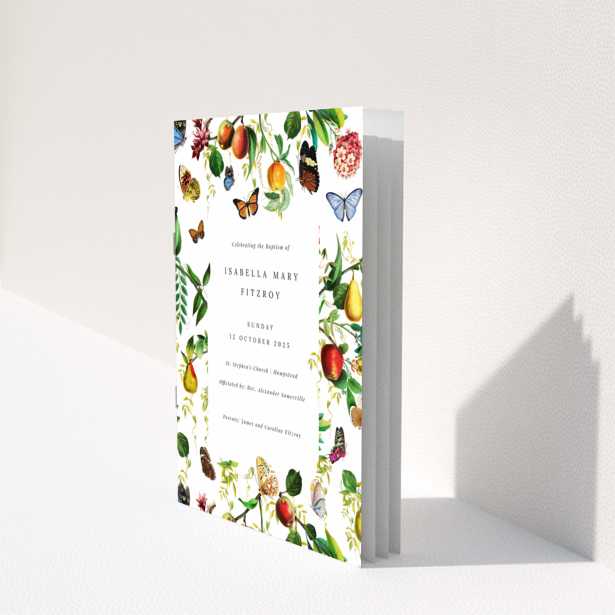 Christening order of service program reverse side with floral and butterfly border design Portrait