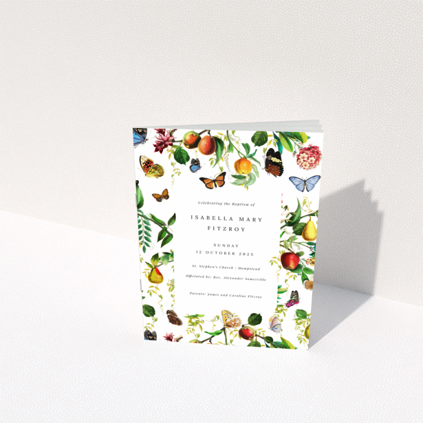 Christening order of service program reverse side with floral and butterfly border design Portrait