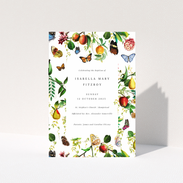 Floral and butterfly-themed christening order of service program with one photo.