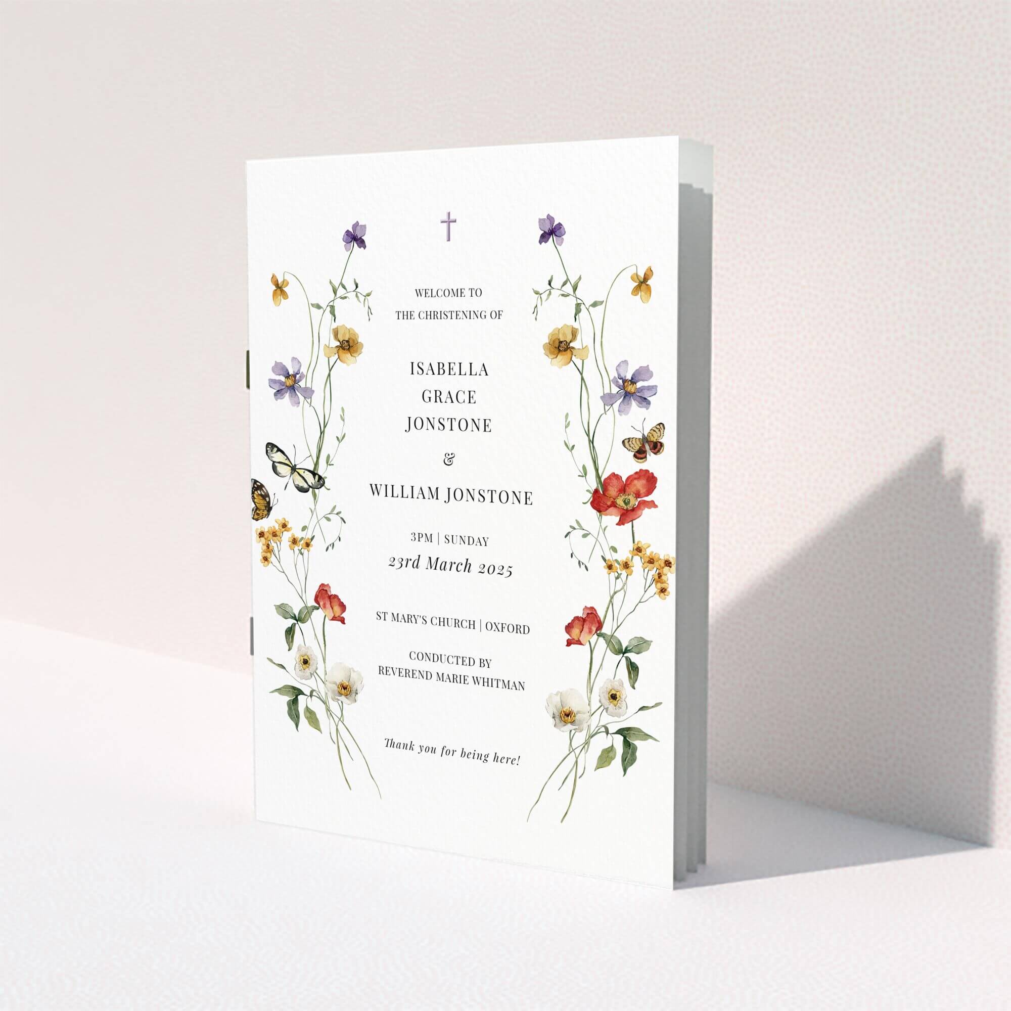 Floral Christening Program Floral christening order of service programme with butterfly illustrations and elegant typography