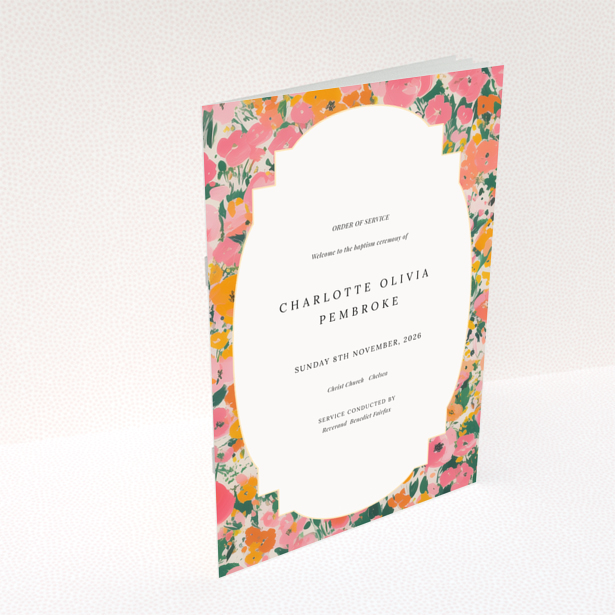 Christening order of service program design with floral border named Portrait