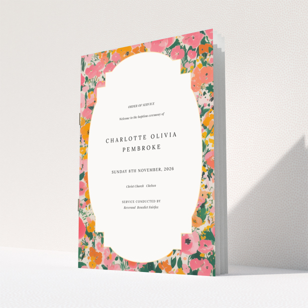 Christening order of service program design with floral border named Portrait