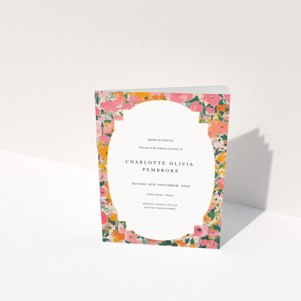 Christening order of service program design with floral border named Portrait